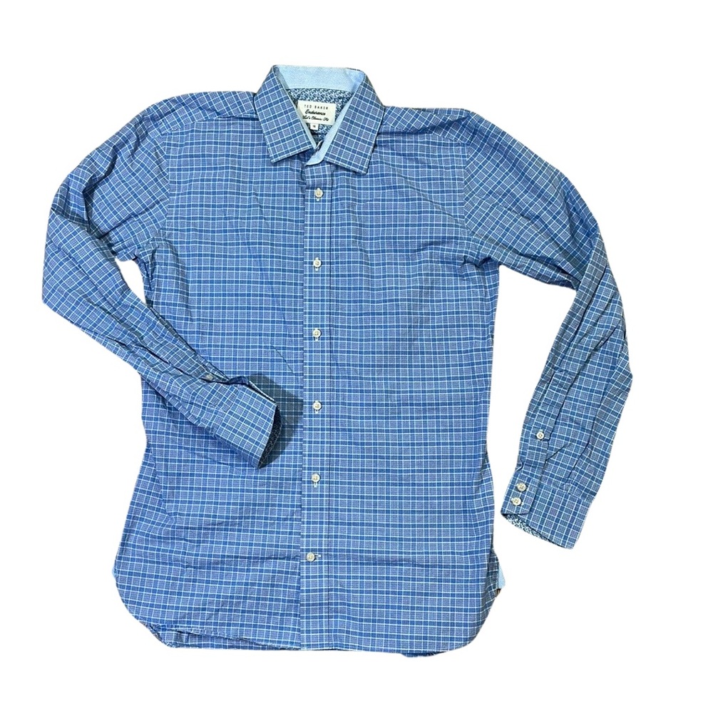 TED BAKER mens 15 small blue plaid check classic fit cotton dress shirt EUC